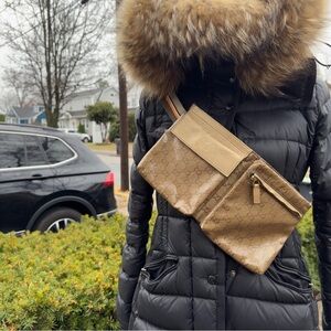 Gucci Belt Bag Waist Pouch Patent Gold Monogram GG Canvas